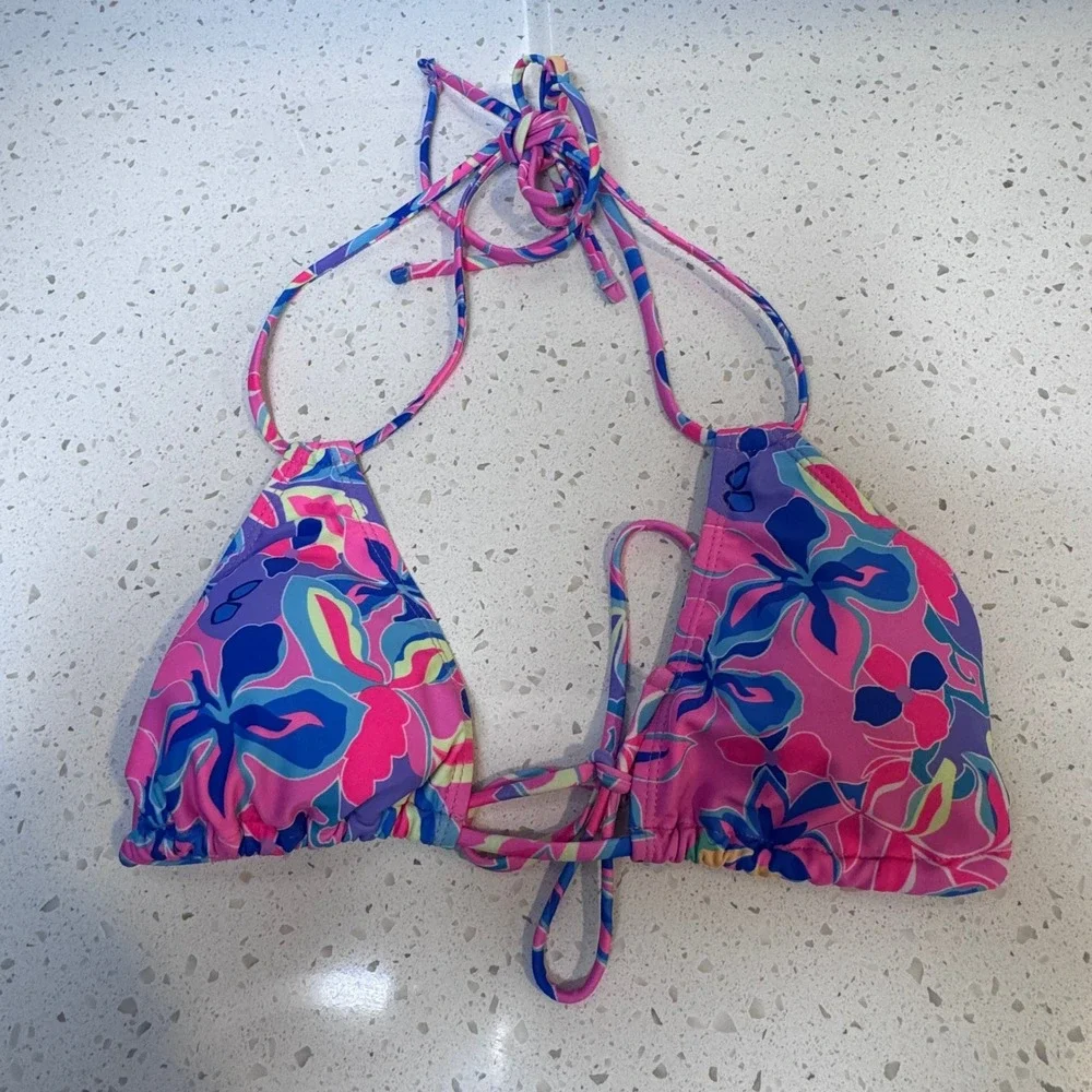 Pink Blue Floral Triangle Bikini Top Halter Swimwear Women Small